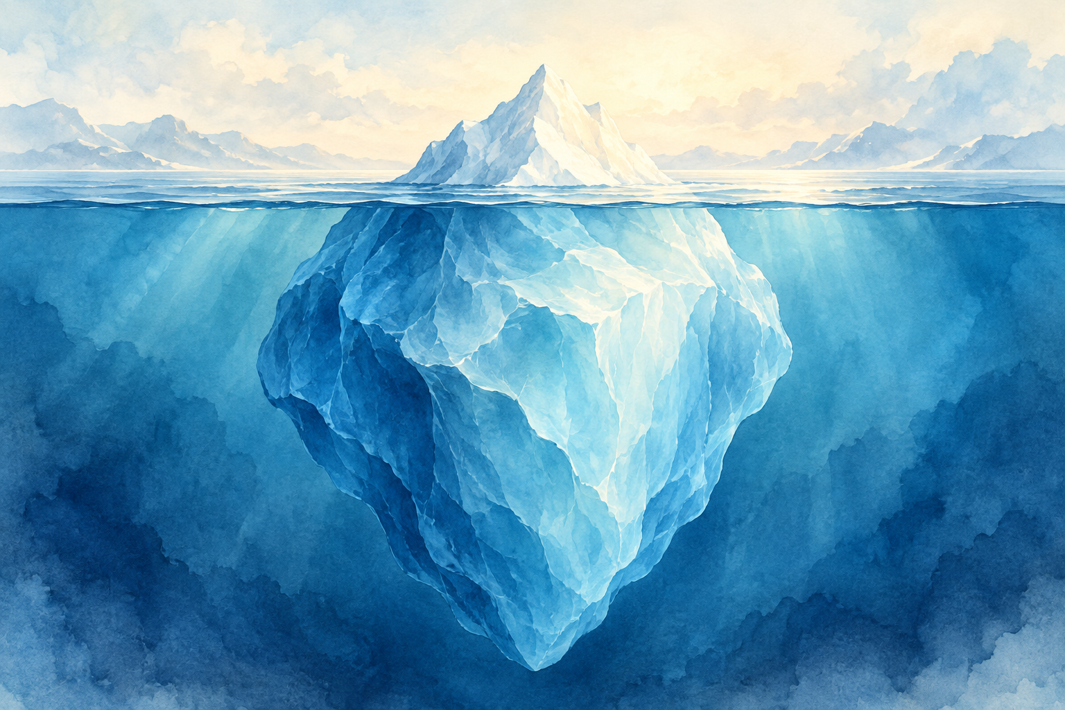 A small iceberg tip above calm water with a much larger form visible beneath the surface