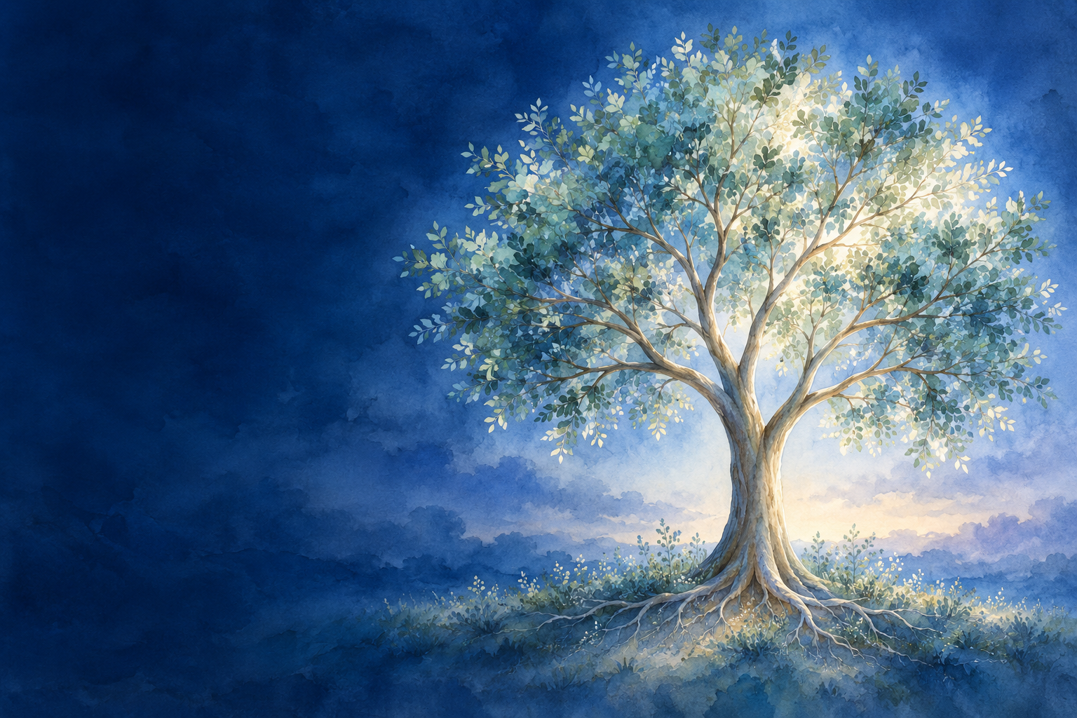 A peaceful Tree of Life framed in a circle, with soft leaves, graceful branches and a gentle glow